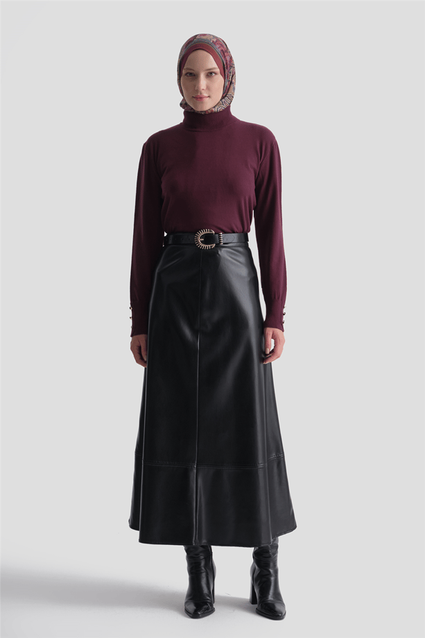Düğme Detaylı Basic Kazak Bordo 
