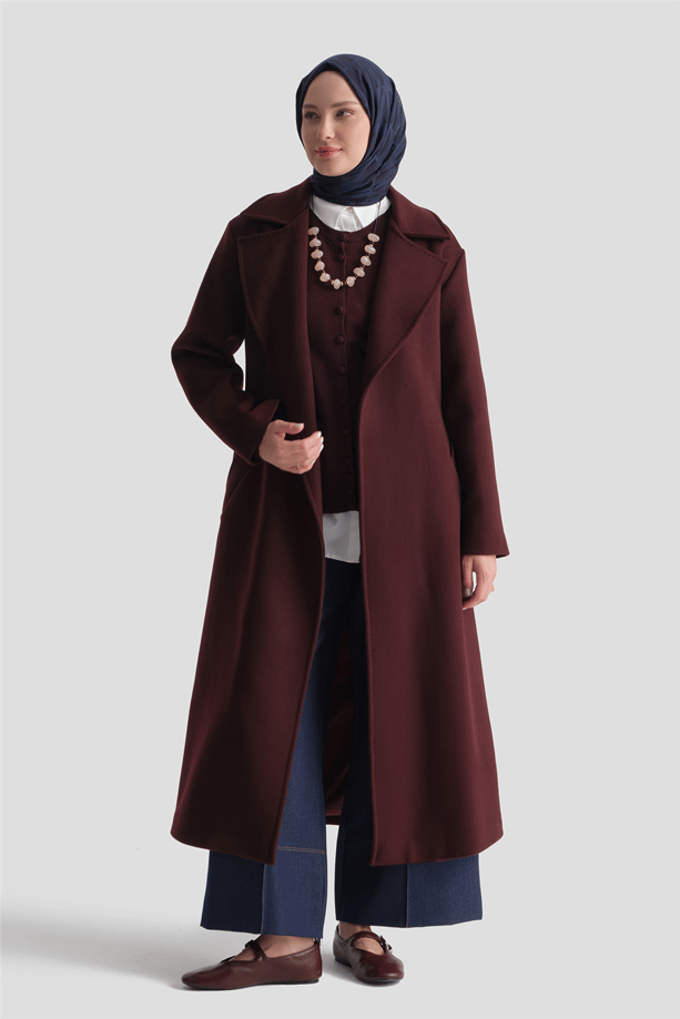 Uzun Yün Kaşe Kaban Bordo