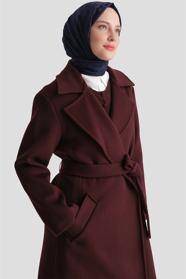 Uzun Yün Kaşe Kaban Bordo