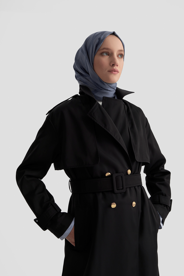 Armine Düğme Detaylı Trençkot Siyah