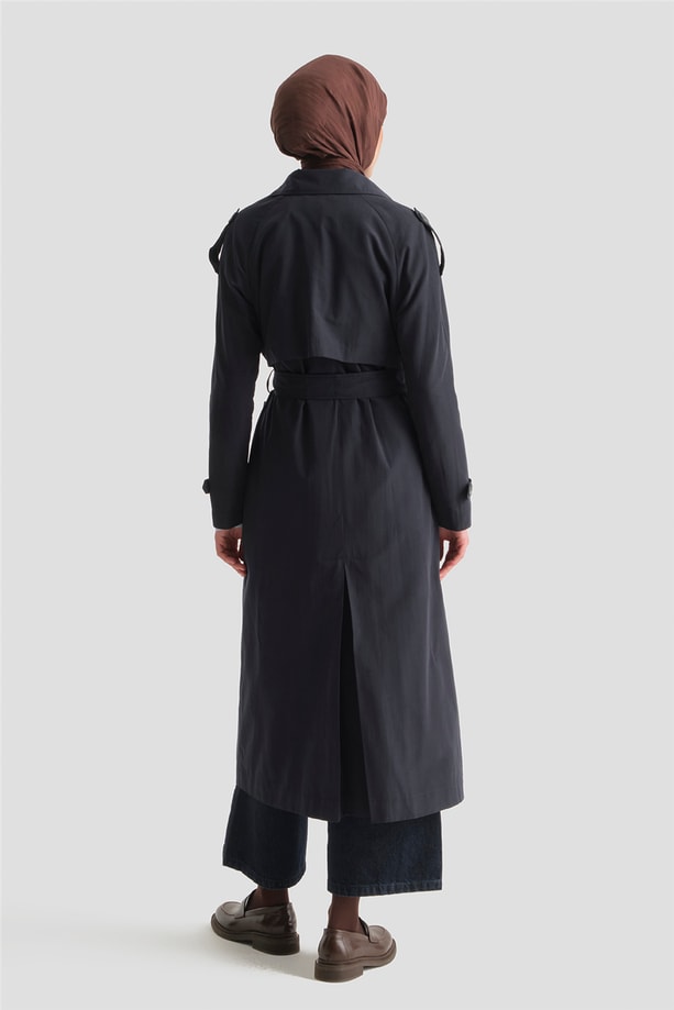 Basic Uzun Trençkot Lacivert