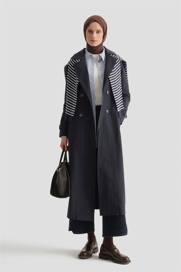 Basic Uzun Trençkot Lacivert