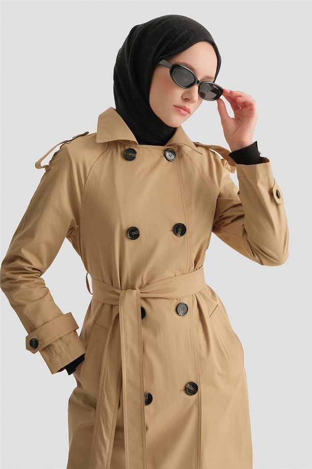 Düğmeli Basic Trençkot Camel