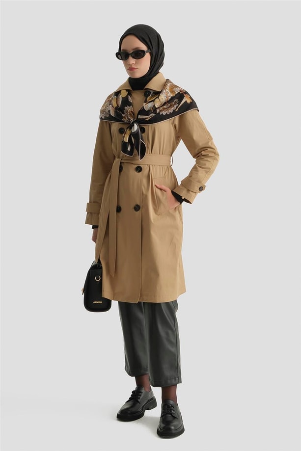 Düğmeli Basic Trençkot Camel
