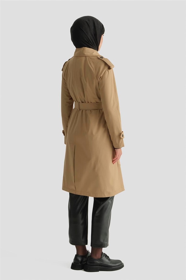 Düğmeli Basic Trençkot Camel
