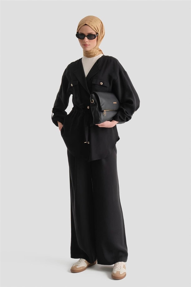 Beli Büzgülü Kupra Takım Siyah