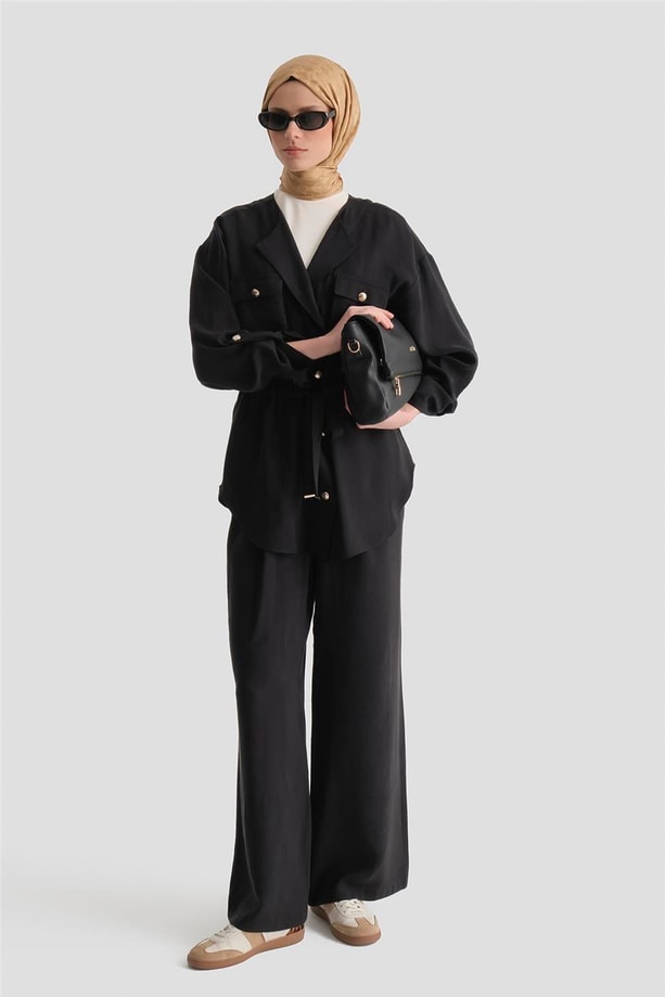 Beli Büzgülü Kupra Takım Siyah