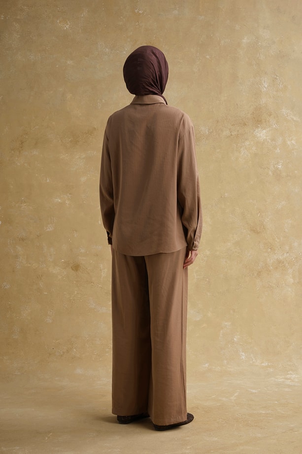 Viskon Karışımlı Çizgili Takım Camel