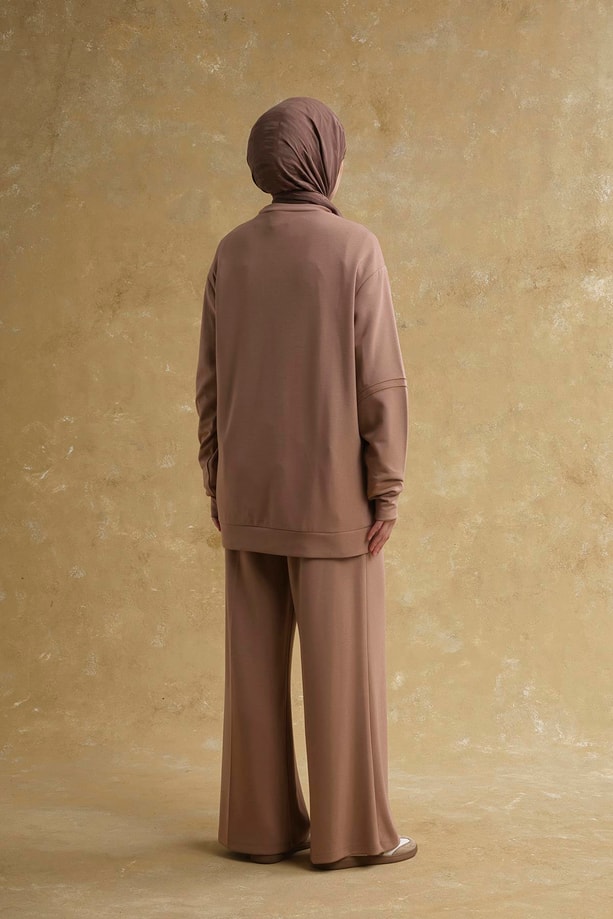 Nakış Detaylı Örme Takım Açık Kahve