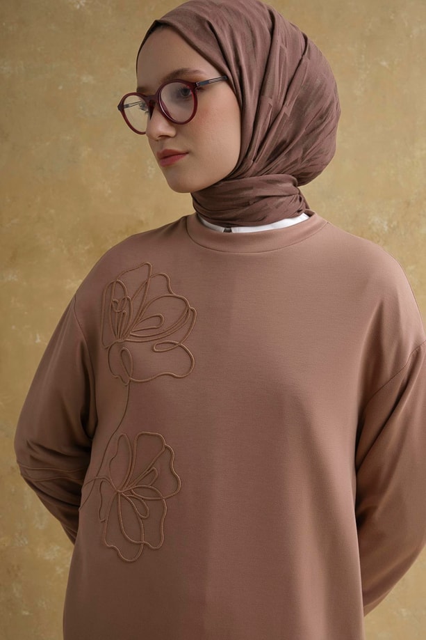 Nakış Detaylı Örme Takım Açık Kahve