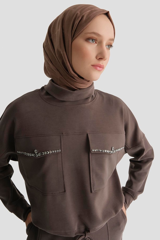 Taş İşlemeli Örme Takım Acı Kahve