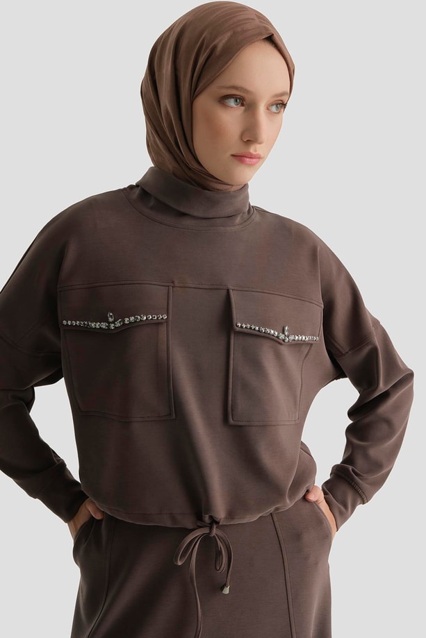 Taş İşlemeli Örme Takım Acı Kahve