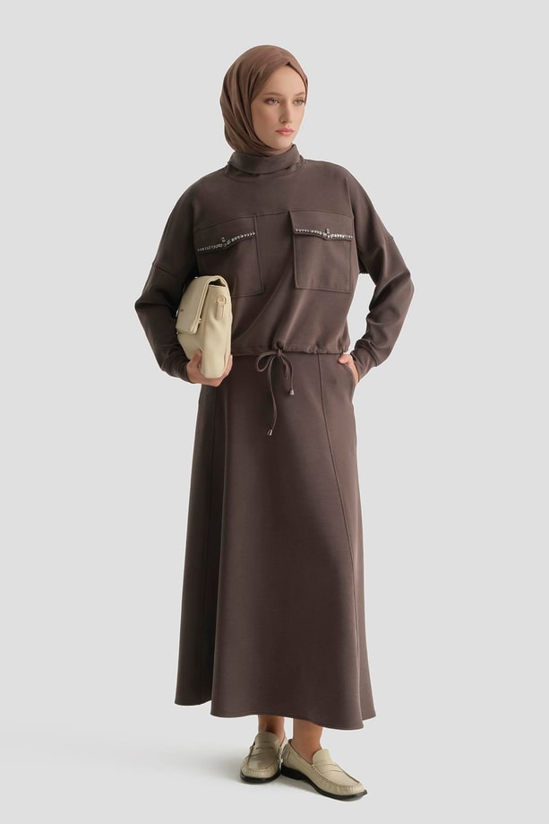 Taş İşlemeli Örme Takım Acı Kahve