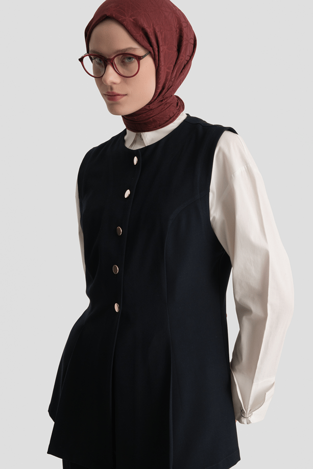 Fitted Yelekli Takım Lacivert
