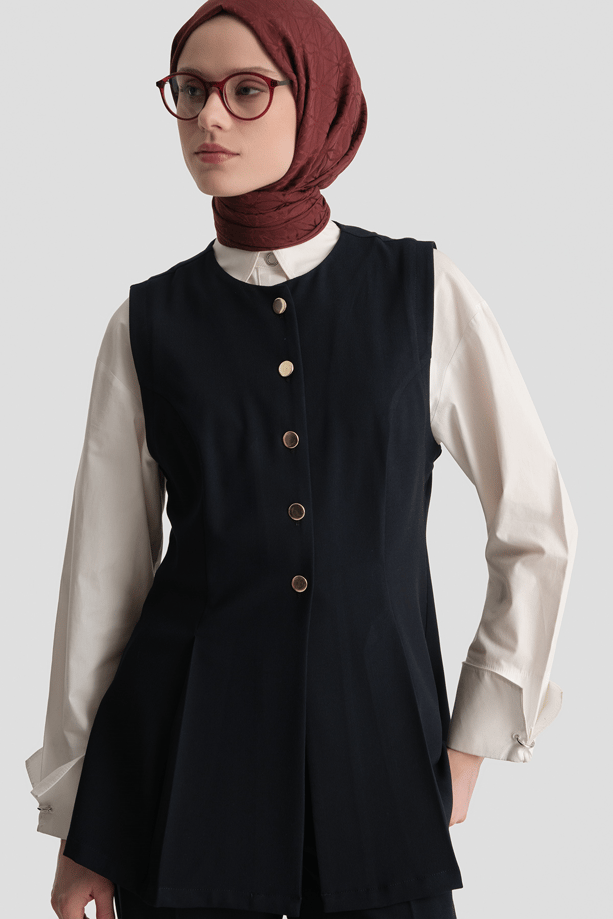 Fitted Yelekli Takım Lacivert