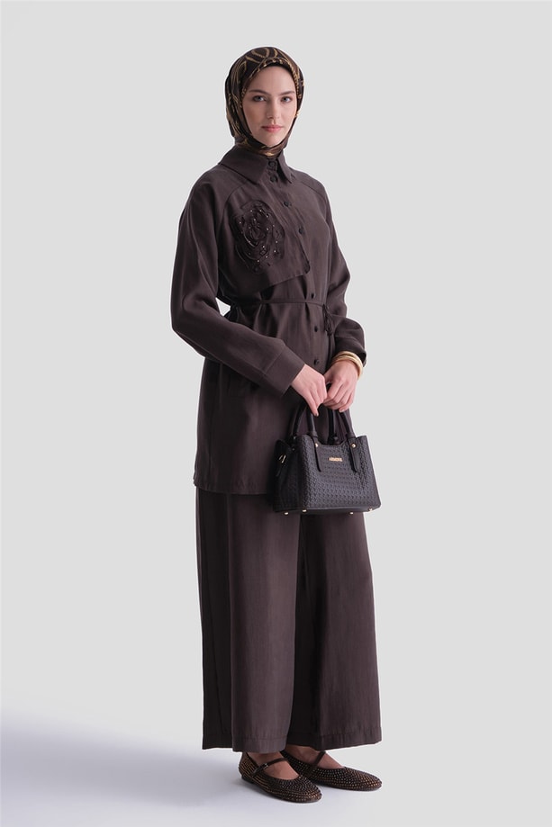 Nakış Detaylı Rayon Takım Kahverengi