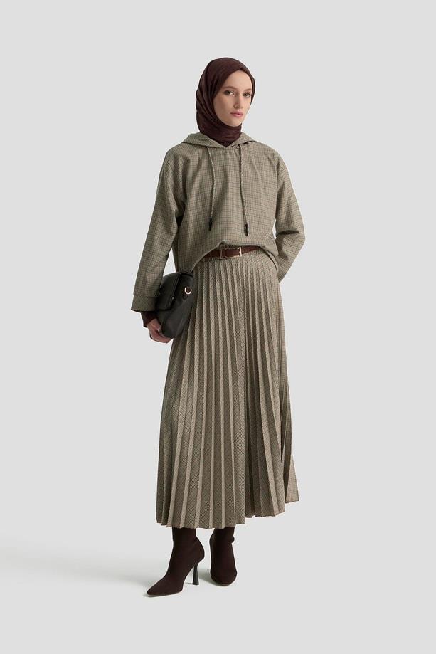 Kapüşonlu Desenli Takım Camel