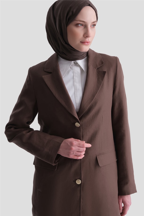 Keten Blazer Ceket Takım Kahverengi