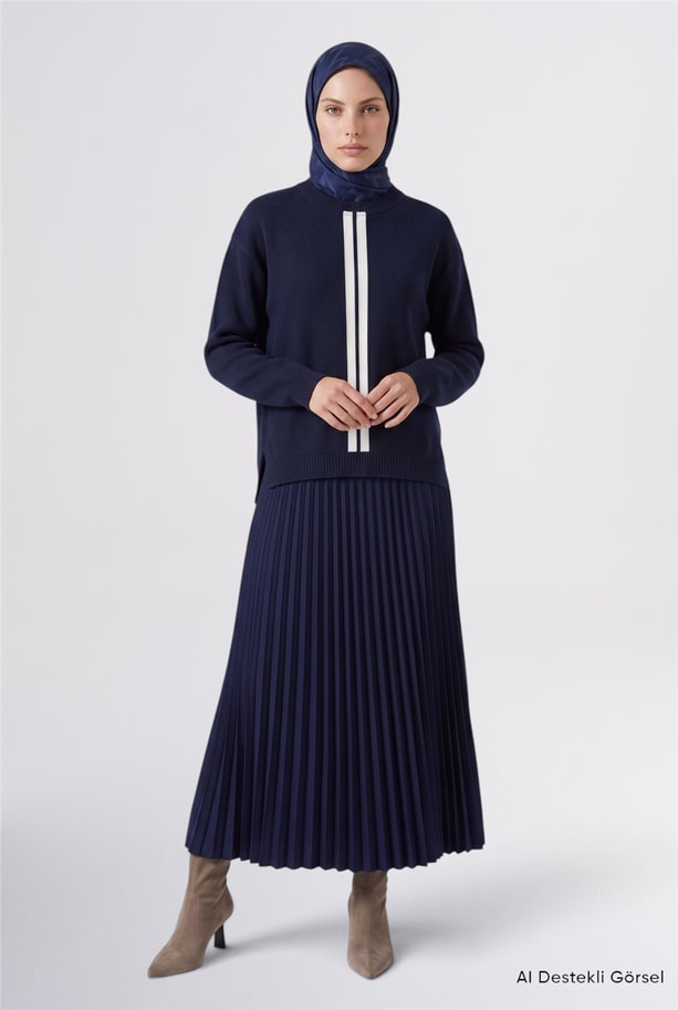 Pliseli Rayon Takım Lacivert
