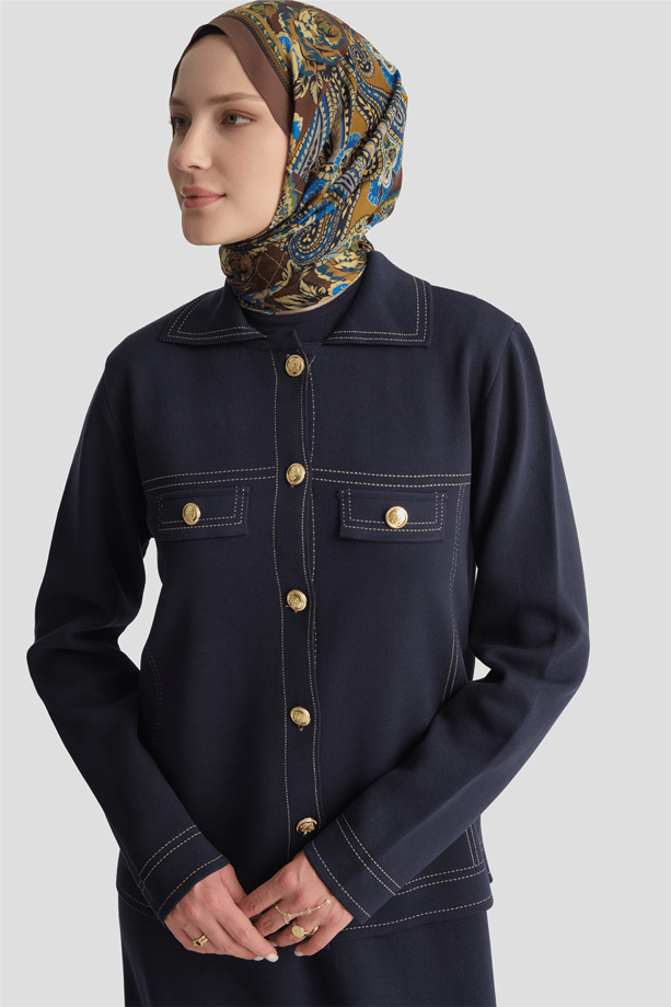 Denim Efektli İkili Triko Takım Lacivert