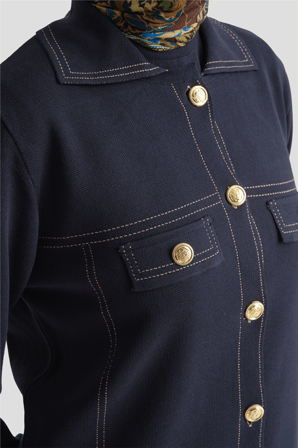 Denim Efektli İkili Triko Takım Lacivert