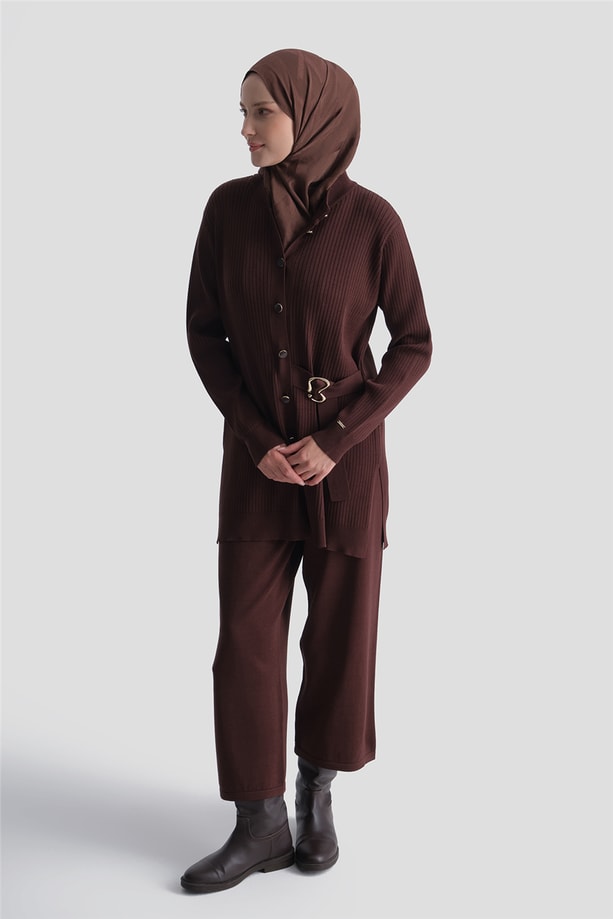 Fitilli Hırkalı Rayon Triko Takım Acı Kahve 