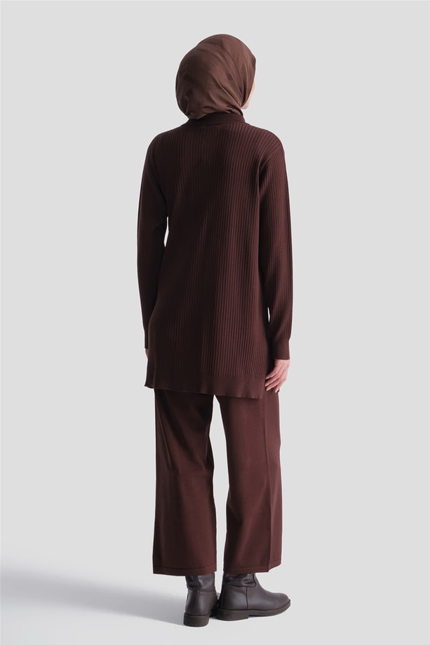 Fitilli Hırkalı Rayon Triko Takım Acı Kahve 
