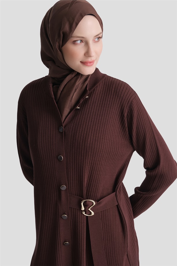 Fitilli Hırkalı Rayon Triko Takım Acı Kahve 