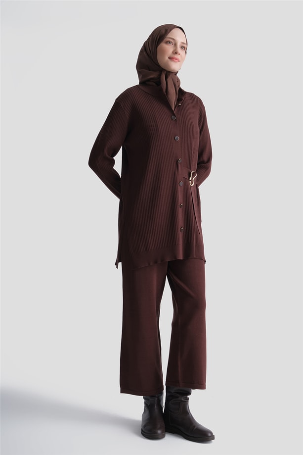 Fitilli Hırkalı Rayon Triko Takım Acı Kahve 