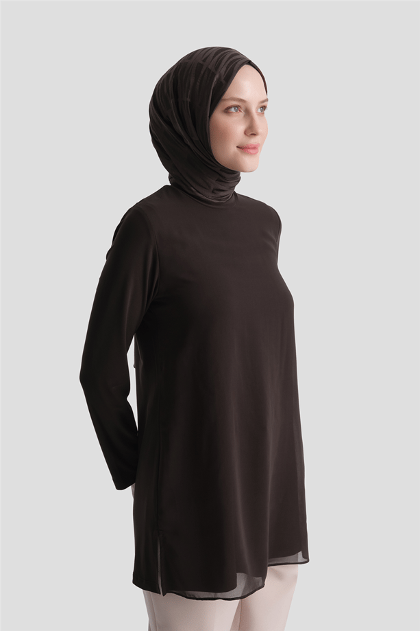 Şifon Detaylı Tunik Kahverengi 