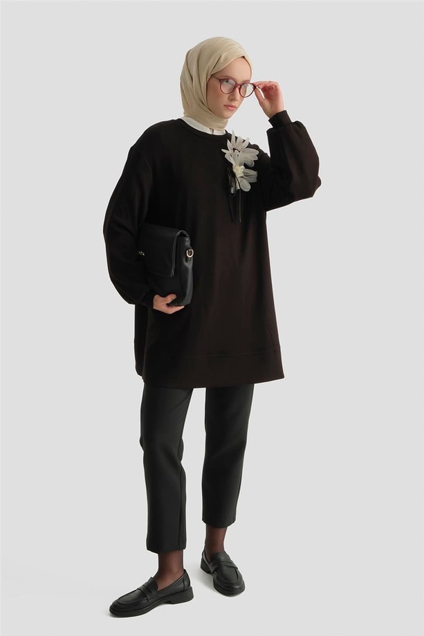 Armine Çiçekli Modal Örme Tunik Siyah