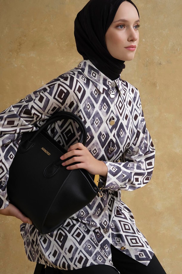 Retro Desenli Saten Tunik Beyaz