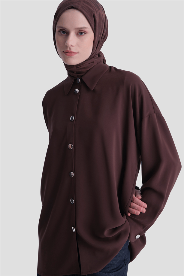 Metal Düğmeli Oversize Tunik Acı Kahve