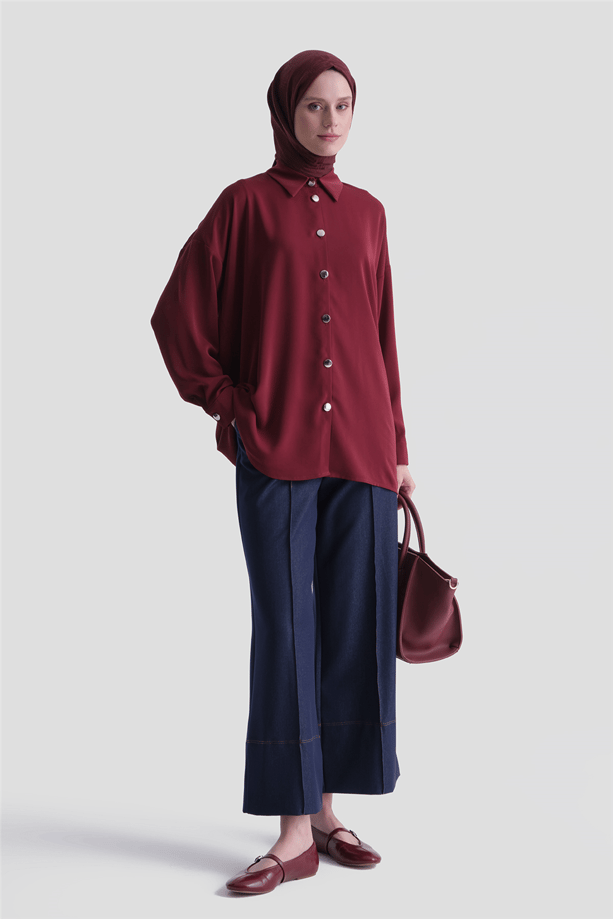 Metal Düğmeli Oversize Tunik Bordo