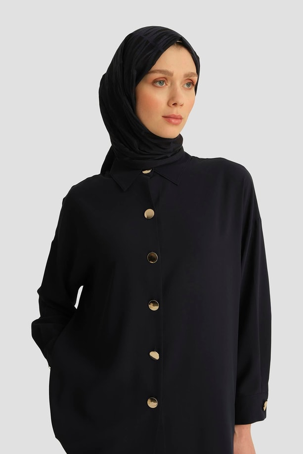 Metal Düğmeli Oversize Tunik Lacivert