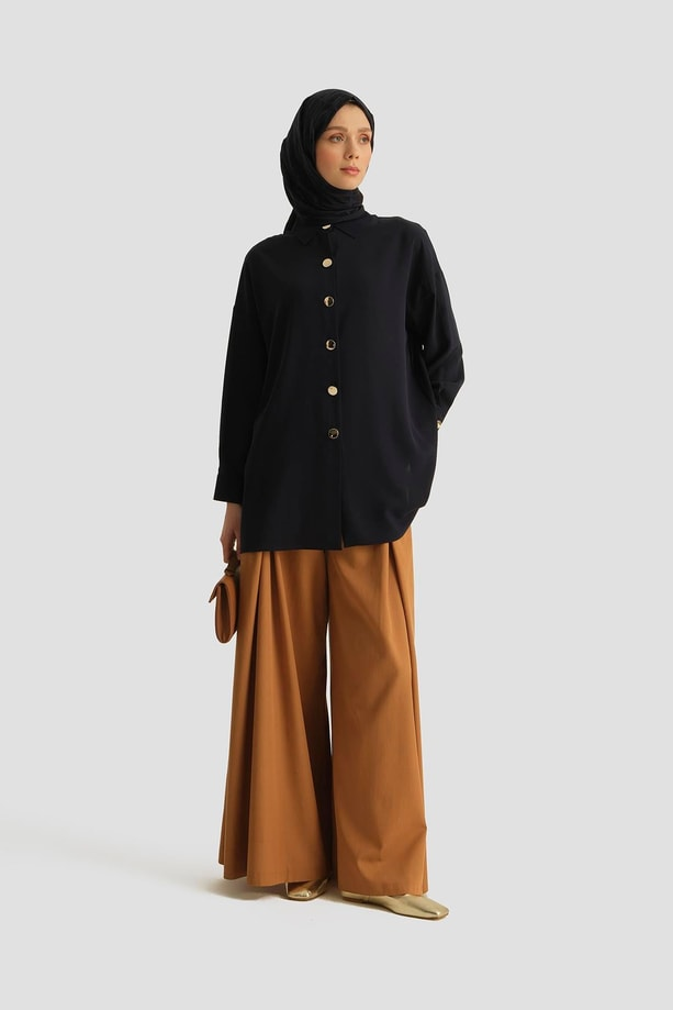 Metal Düğmeli Oversize Tunik Lacivert