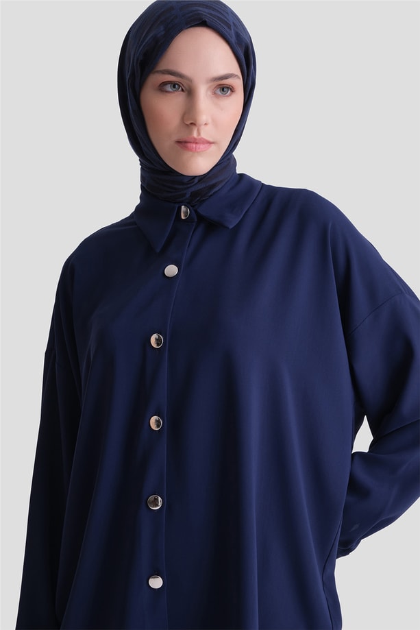 Metal Düğmeli Oversize Tunik Lacivert