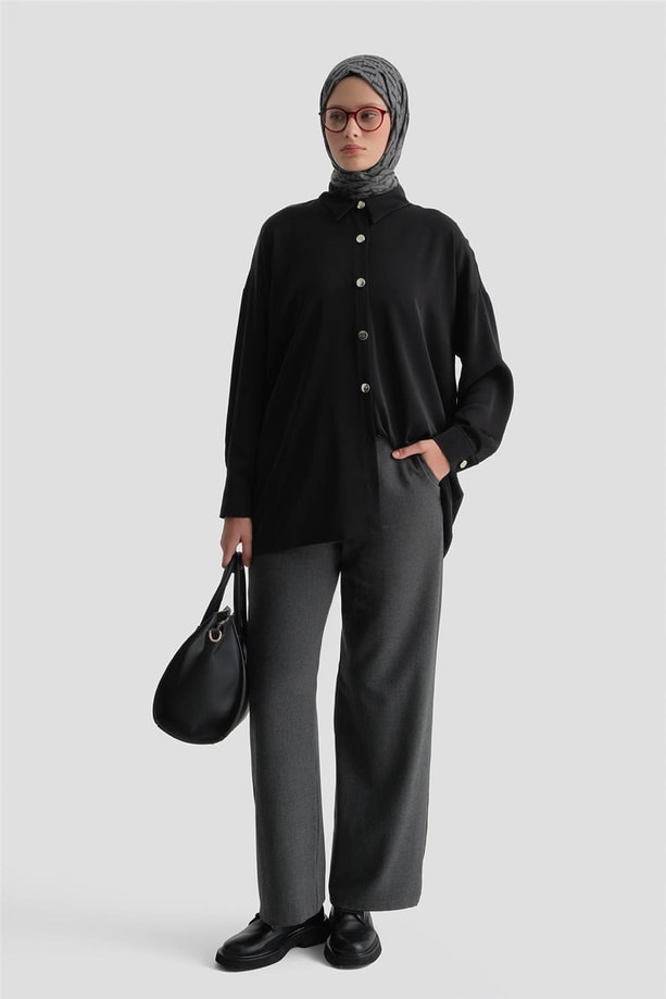 Metal Düğmeli Oversize Tunik Siyah