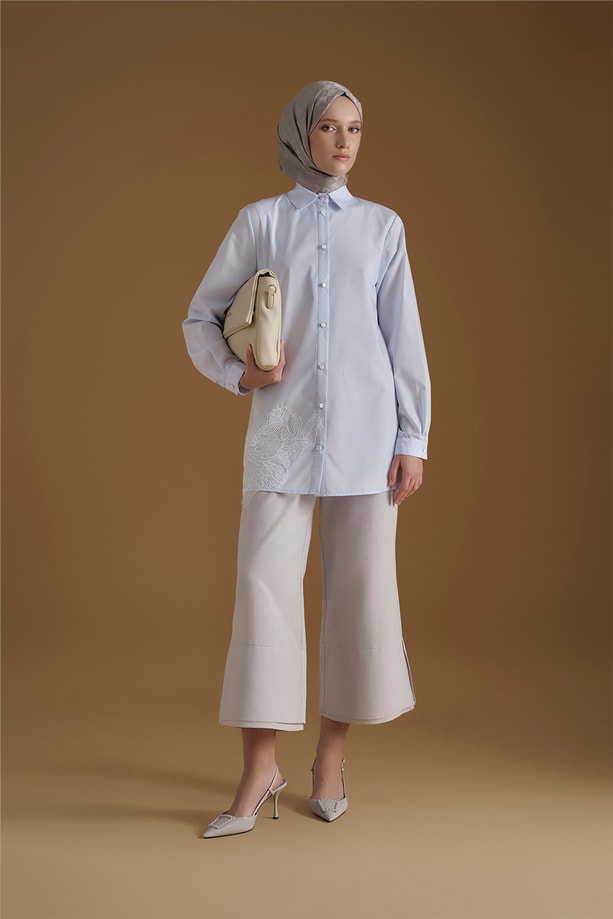 İşlemeli Poplin Tunik Mavi