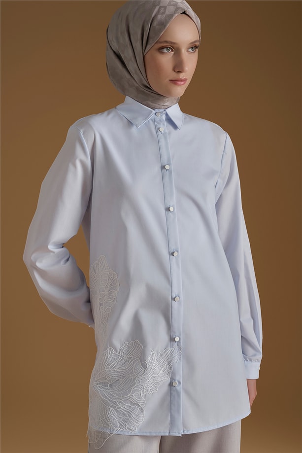 İşlemeli Poplin Tunik Mavi