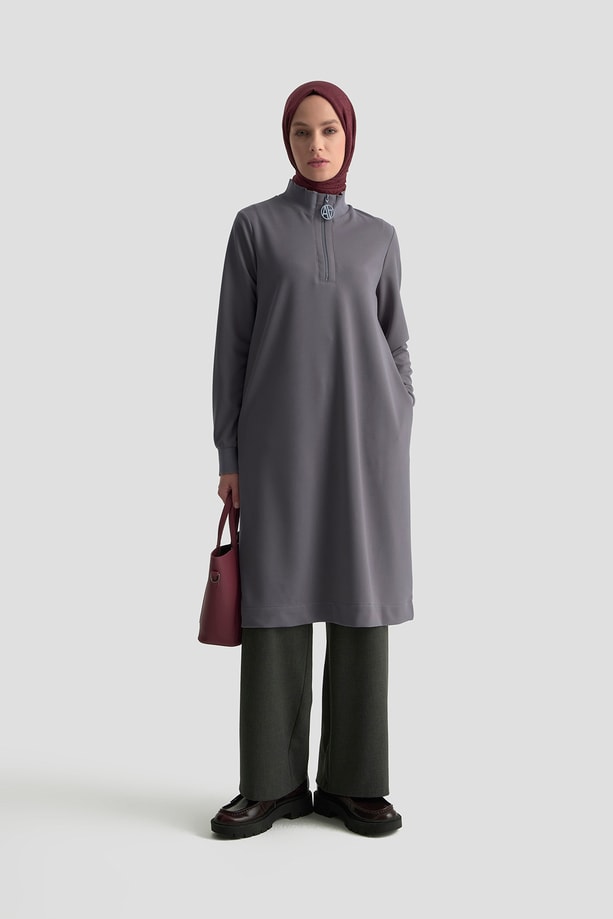 Fermuar Detaylı Basic Tunik Gri