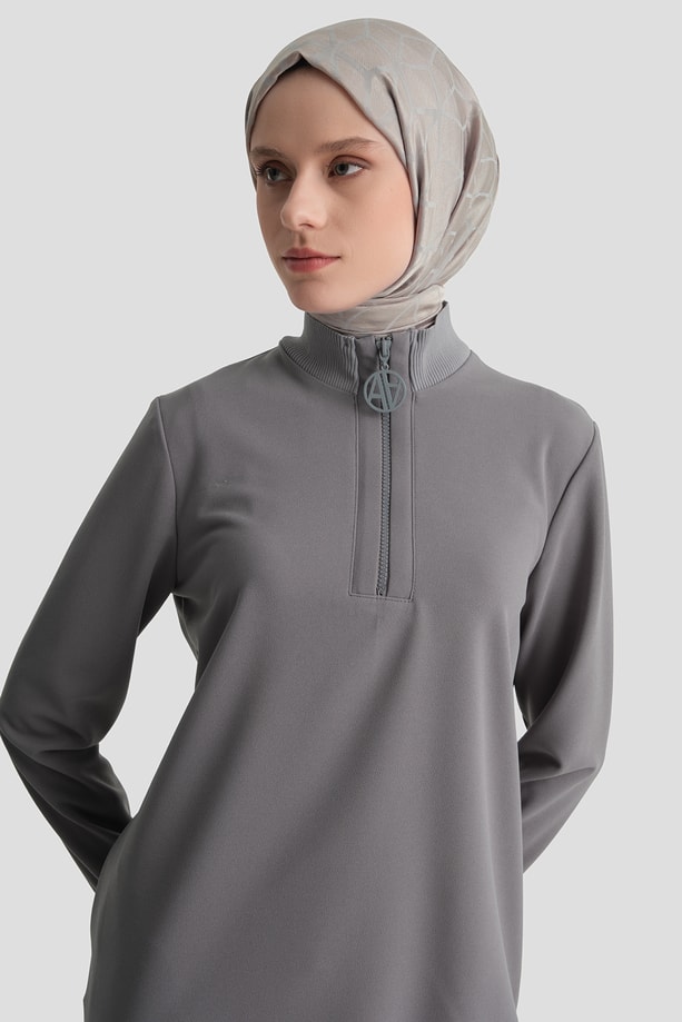 Fermuar Detaylı Basic Tunik Gri