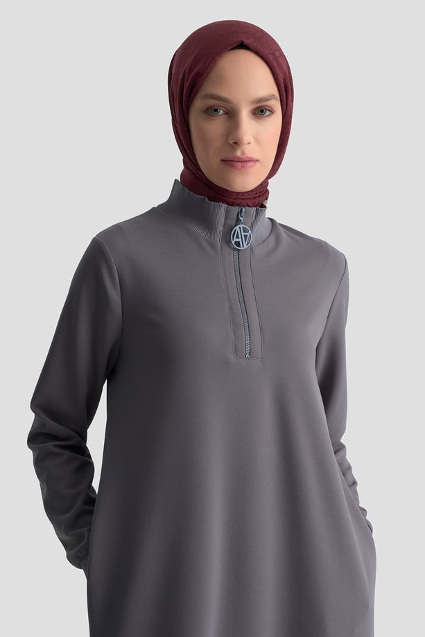 Fermuar Detaylı Basic Tunik Gri