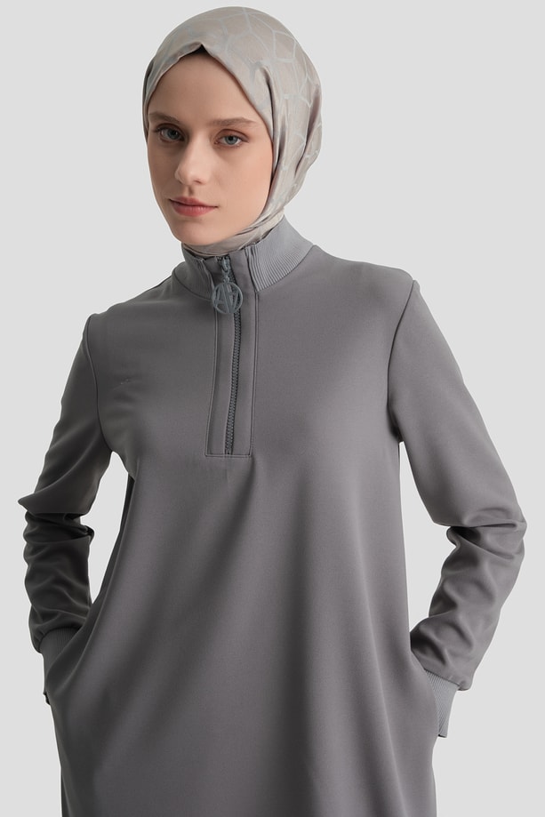 Fermuar Detaylı Basic Tunik Gri