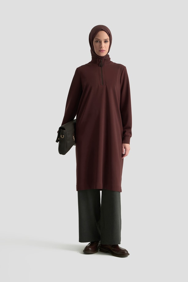 Fermuar Detaylı Basic Tunik Kahve