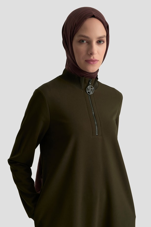Fermuar Detaylı Basic Tunik Koyu Yeşil
