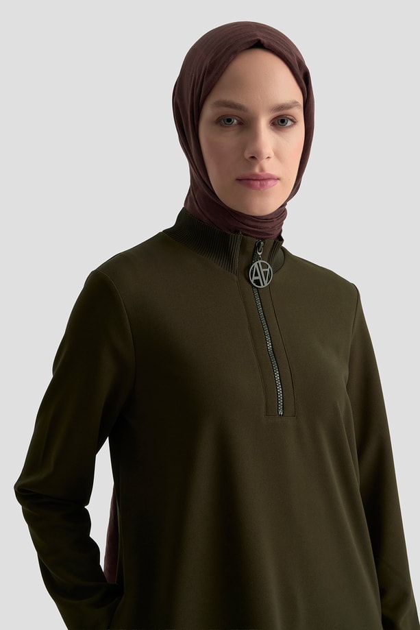 Fermuar Detaylı Basic Tunik Koyu Yeşil