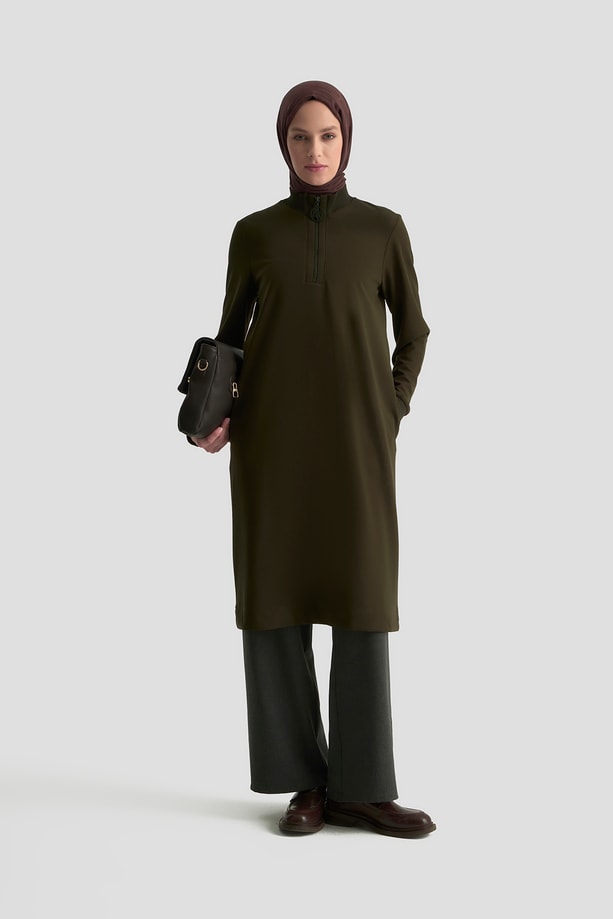 Fermuar Detaylı Basic Tunik Koyu Yeşil