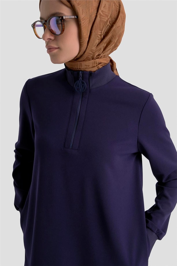 Fermuar Detaylı Basic Tunik Lacivert