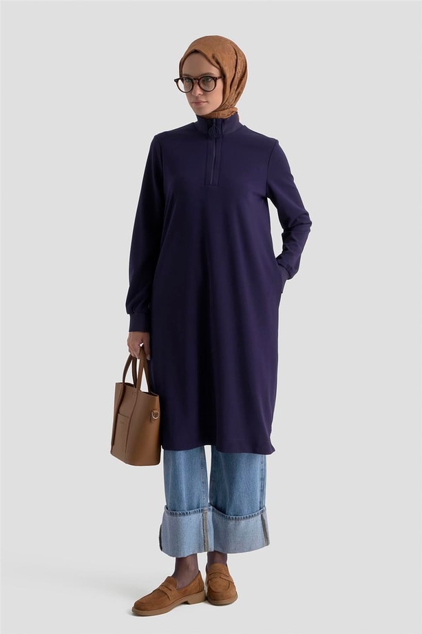 Fermuar Detaylı Basic Tunik Lacivert